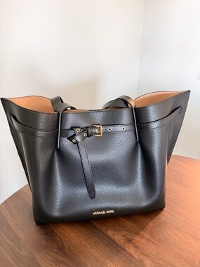 Michael Kors Emilia Black Pebbled Leather Tote with Gold Hardware